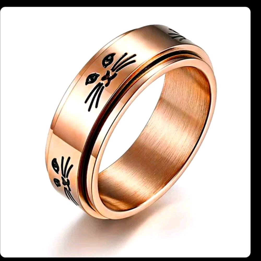 New So Cute Kitty Cat Spinner Stainless Steel Rose Gold Fidget Ring size 8